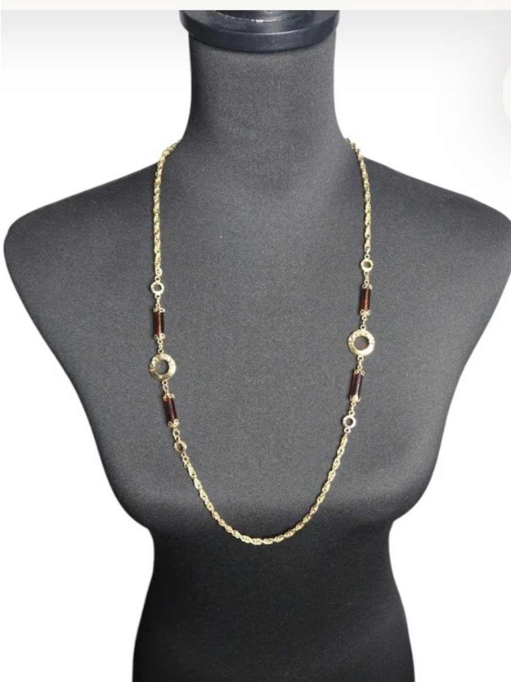 Vintage 1960s Sarah Coventry Gold Tone & Faux Tortoise Lucite Bead Long Necklace